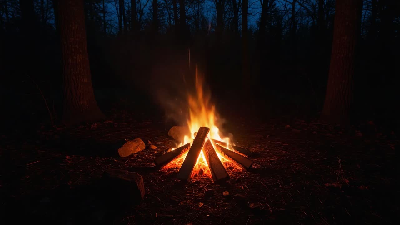 A Tranquil Evening Campfire Experience: Captivating Flames Dance Under the Night Sky Amidst a Serene Forest Setting