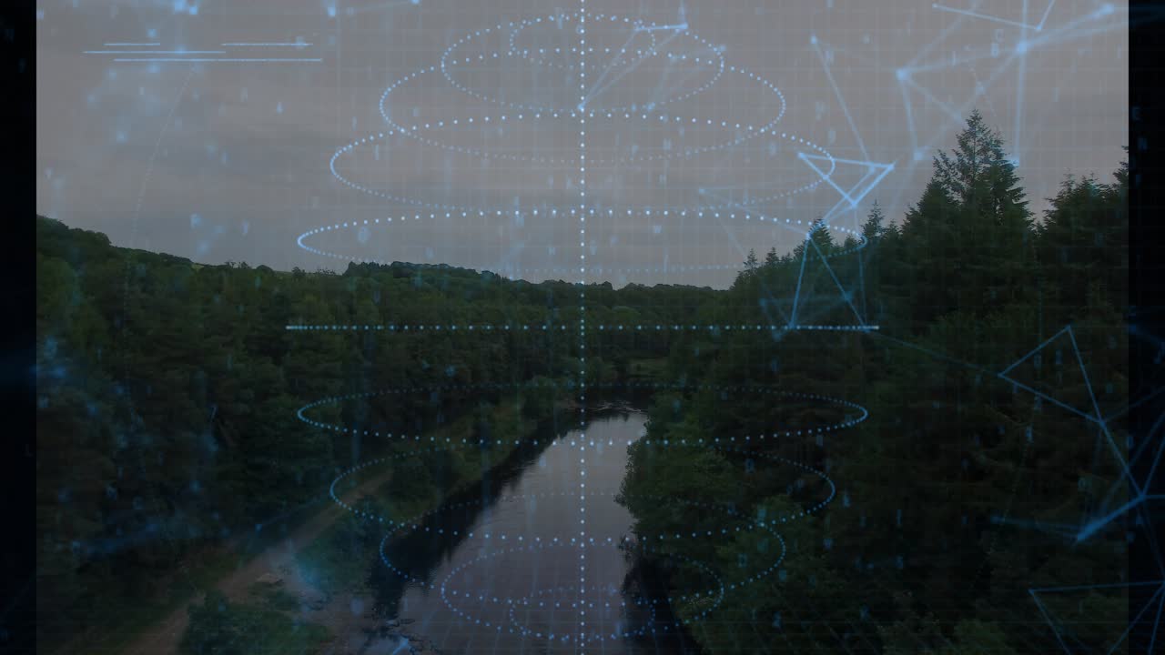 Winding river staying centered as holo overlay appearing, cascading code rings mapping terrain