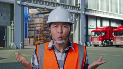 close up of wondering asian male engineer with safety helmet saying why working doubtfully , outside of logistics distributions warehouse
