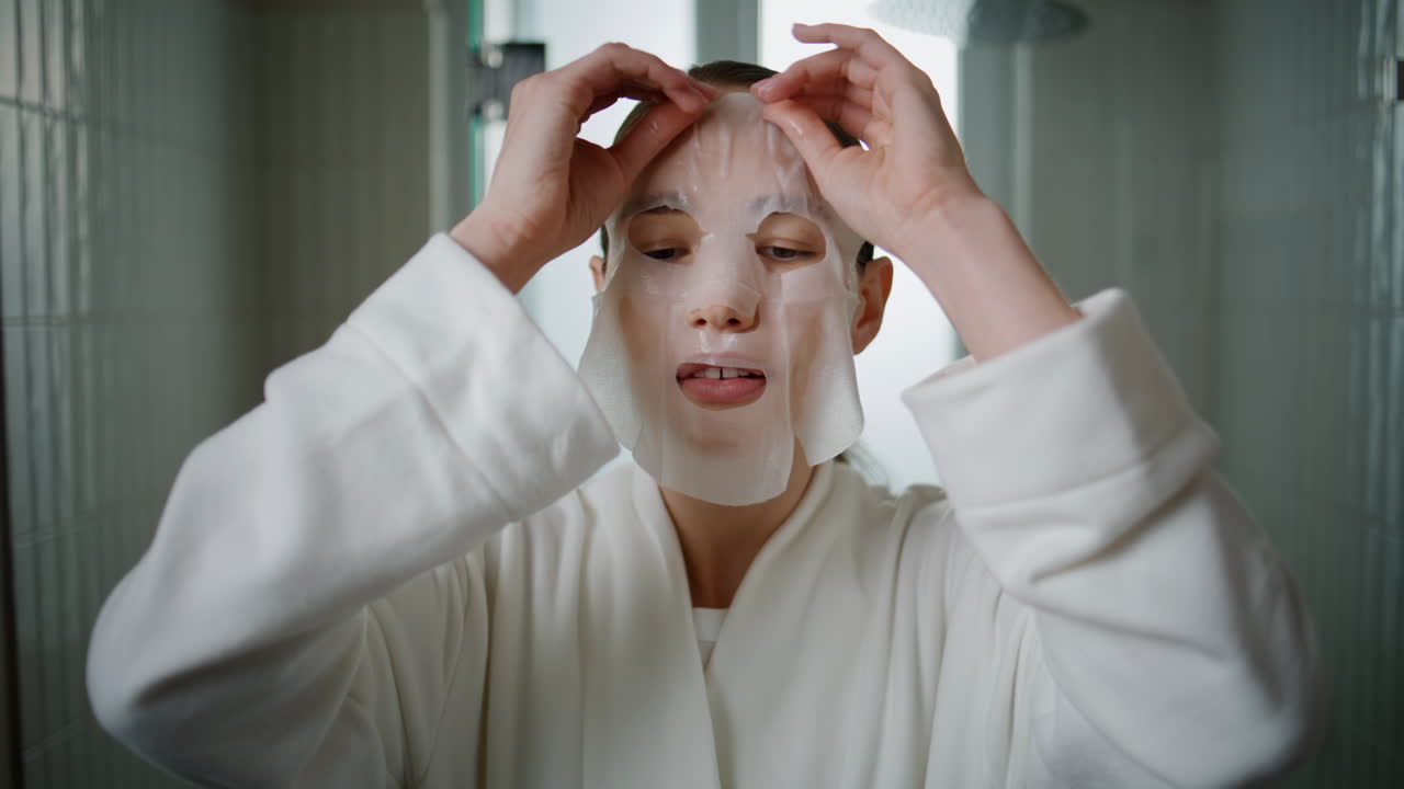 Woman applying paper mask in lit bathroom. Closeup pretty girl enjoying beauty