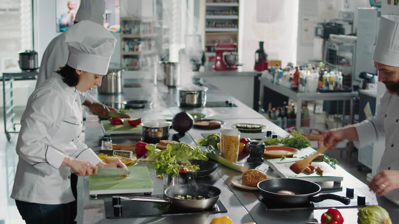Authentic cook slicing carrots on cutting board to make cuisine dish