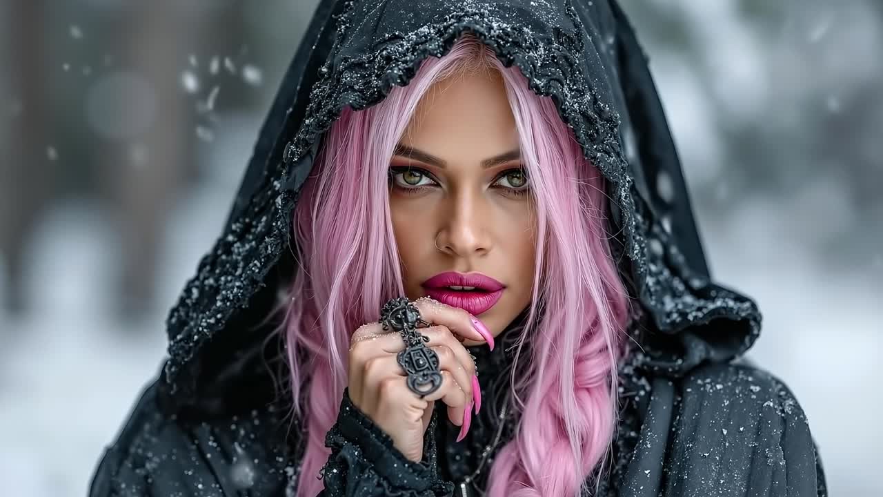 A woman with pink hair wearing a black hooded jacket and holding a ring