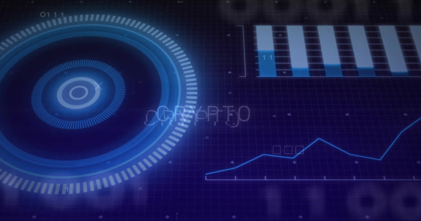 Ring appearing on grid rotating clockwise bar chart filling line graph pulsing visualizing crypto