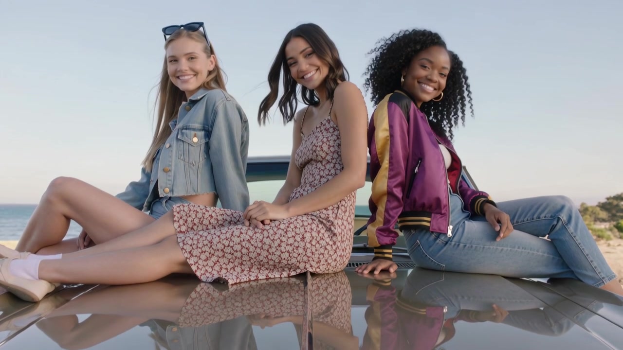 La telecamera si allontana rivelando tre donne in giacca di jeans che posano sul cofano di un'auto sulla costa.