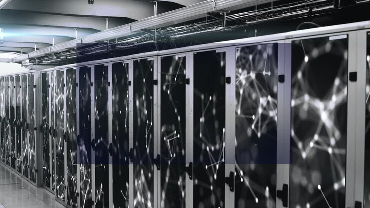 Animation of multiple text forming brain over connected dots against server room in background