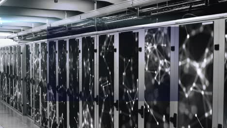 animation of multiple text forming brain over connected dots against server room in background