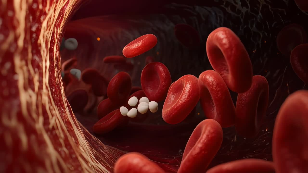 Macro photograph of red blood cells moving through a blood vessel with soft focus and warm light, medical concept of human circulation and health