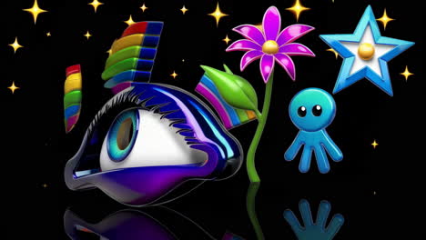 whimsical 3d render of surreal eye, rainbow, flower, and star elements