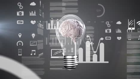 animación del procesamiento de datos financieros y el cerebro humano en una bombilla.