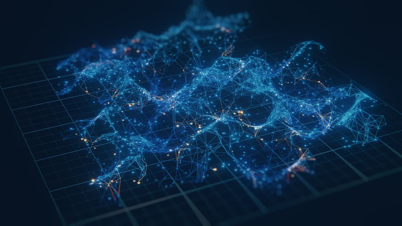 Abstract 3D digital network map with glowing blue polygon mesh, connected nodes and orange highlight points floating on dark grid surface. Futuristic data topology, blockchain, and global connectivity technology concept
