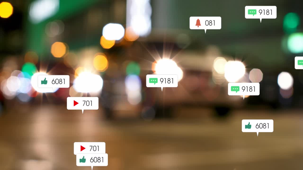 신호에 따라 거리를 건너는 다양한 사람과 차량에 대한 여러 통지 바의 애니메이션