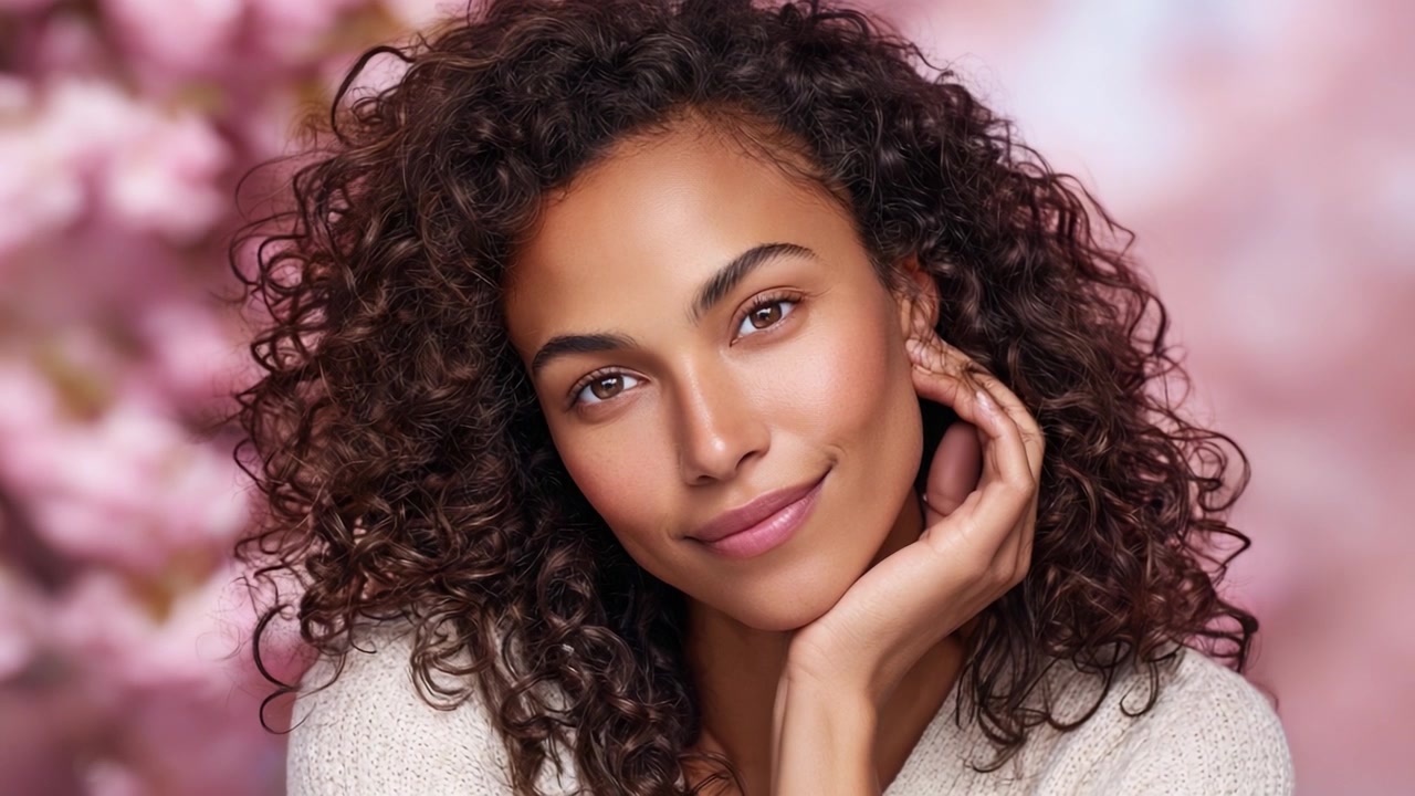 Uma mulher radiante com belos cabelos cacheados sorri suavemente contra um fundo onírico de flores delicadas, exalando calor, confiança e beleza natural.