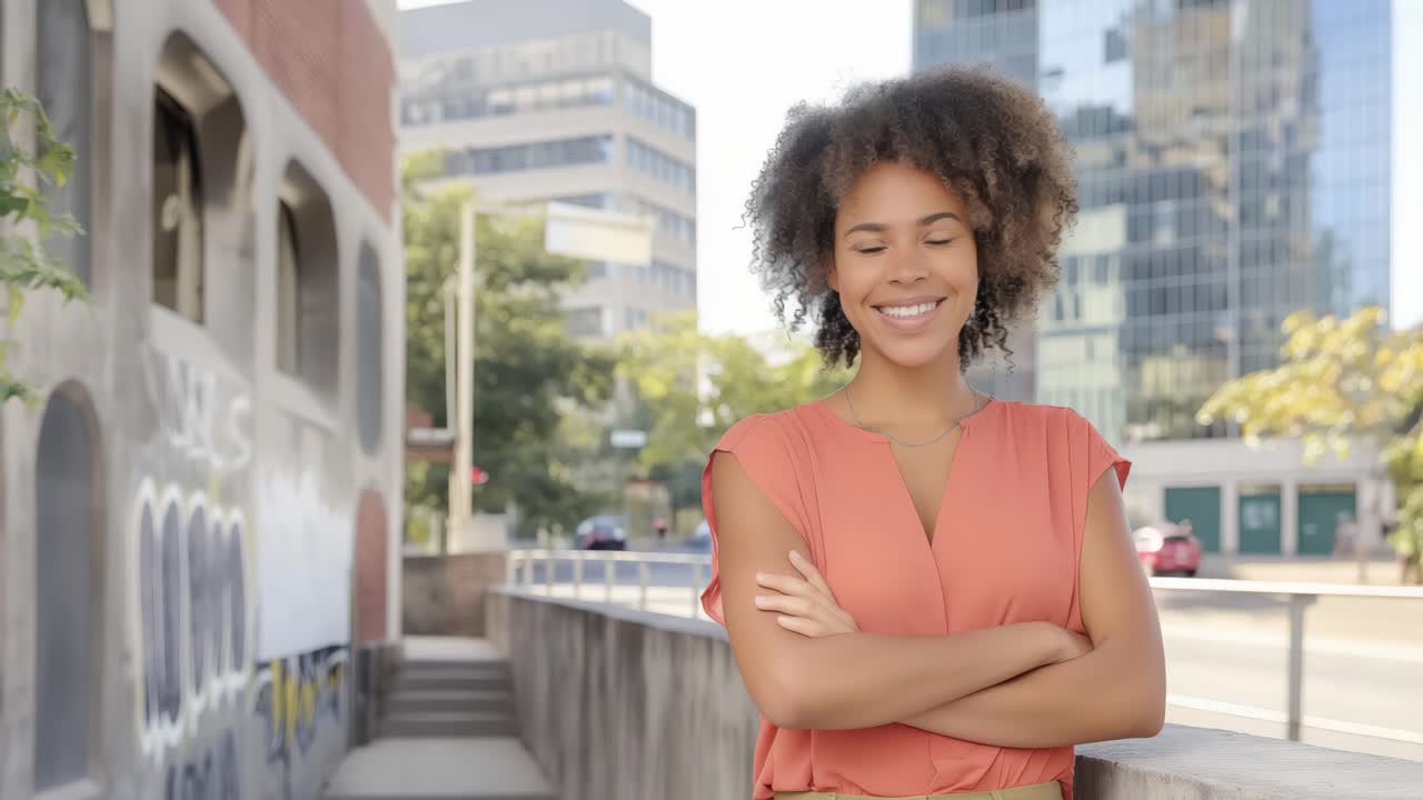 Confident African American woman stands with arms crossed, smiling in orange dress, surrounded by urban scenery, embodying positivity and self-assurance in a lively city atmosphere