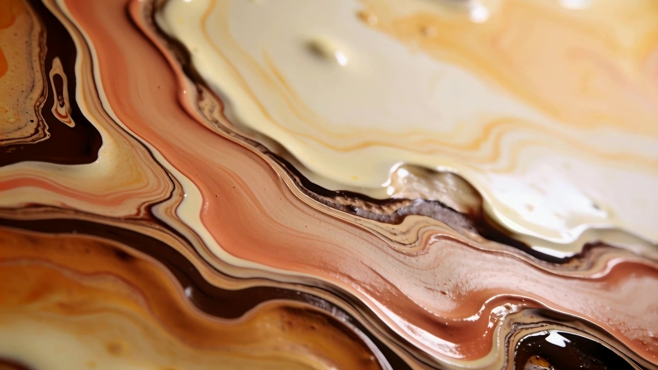 Pouring glossy pigments spreading and blending on tray, droplet flattening with surface relaxing