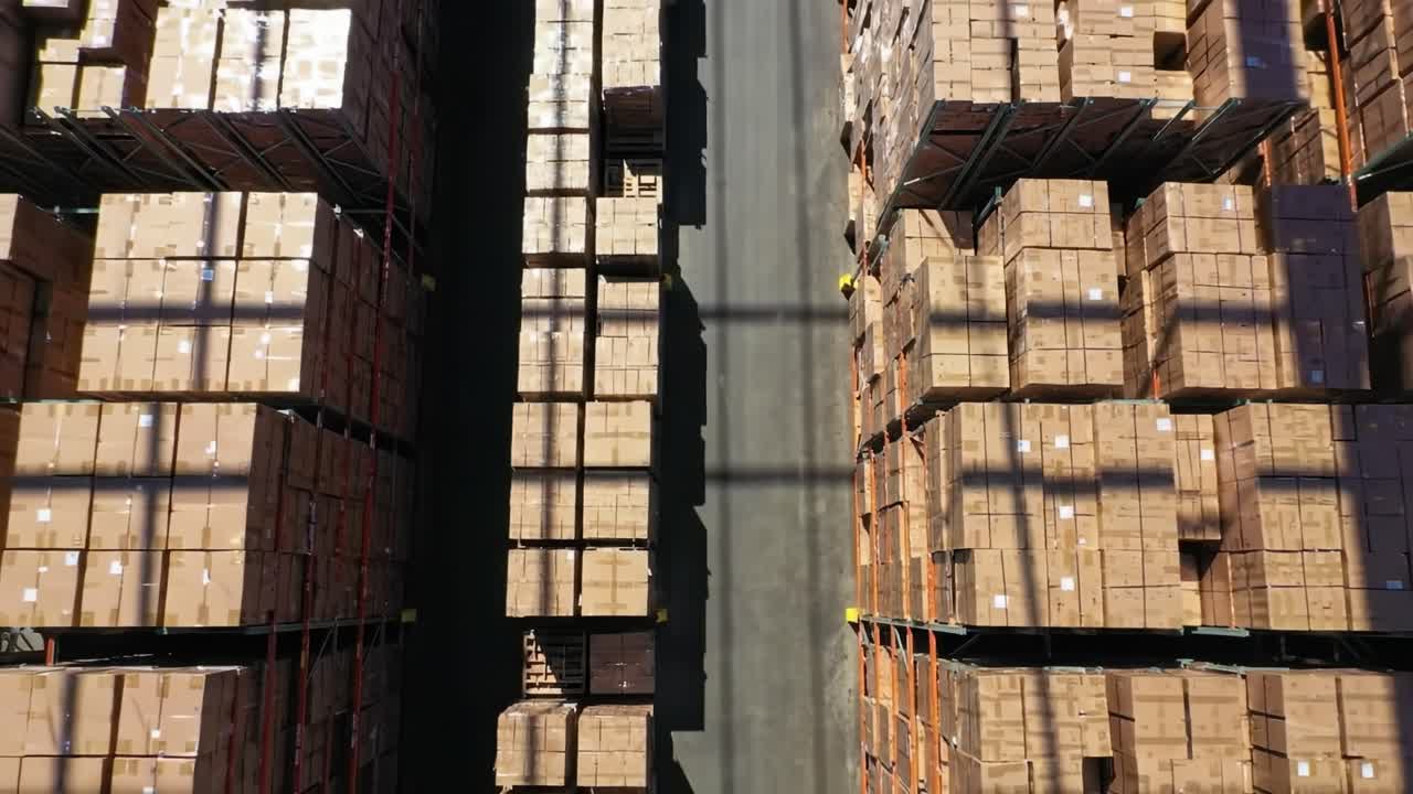 Aerial View of Warehouse Aisles Filled with Stacked Boxes and Cardboard Packages, Highlighting the Systematic Organization and Storage Efficiency in Logistics Management