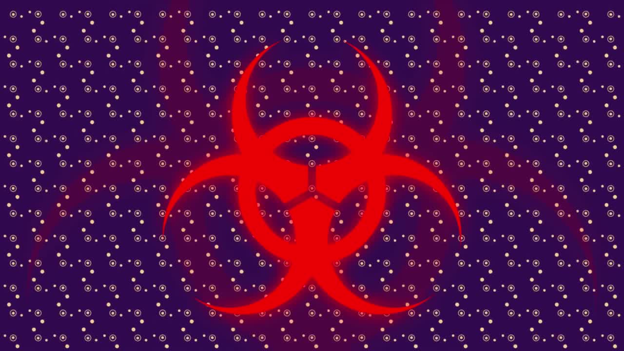 검은색 배경에 서클을 중심으로 움직이는 점 위에 위험 기호의 애니메이션