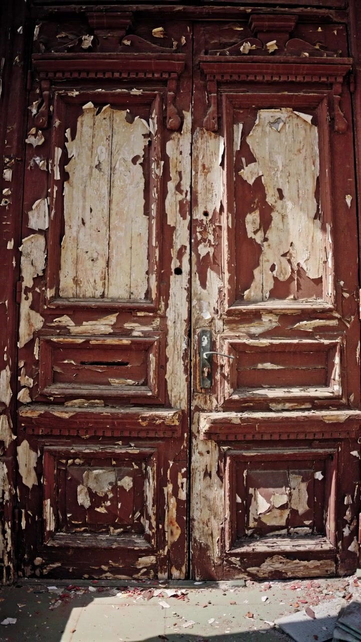 Inquadratura frontale di una porta di legno vintage con vernice molto scrostata, che mostra strati di tonalità marroni e beige.