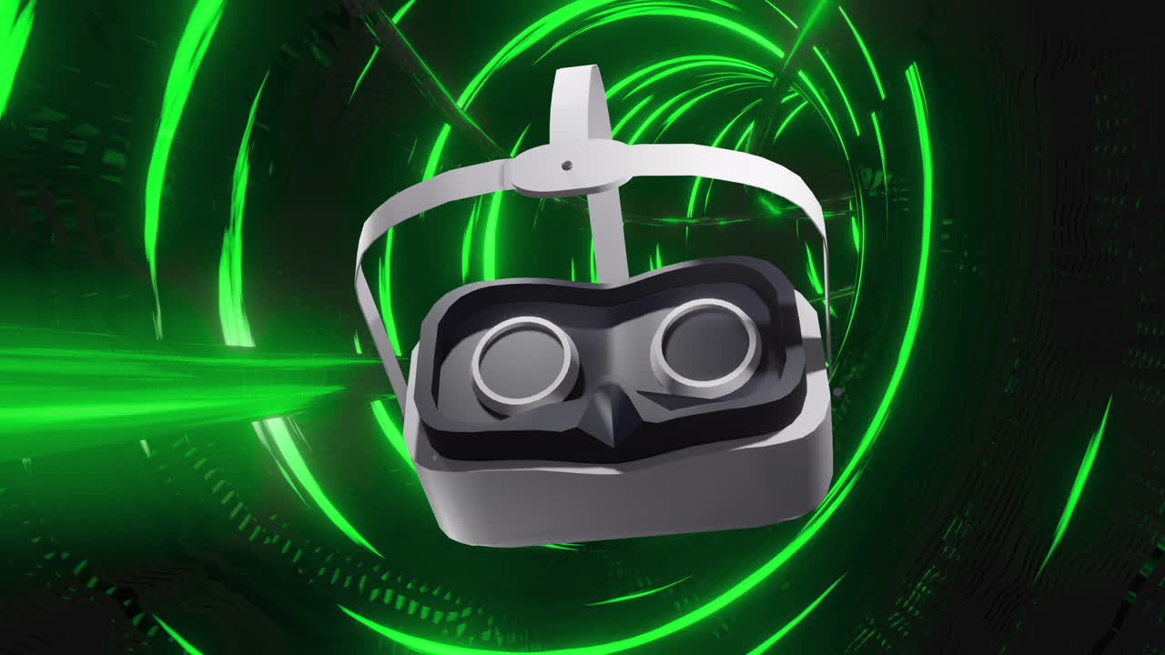 Animasi headset VR di atas lampu neon hijau bercahaya yang bergerak dengan latar belakang hitam