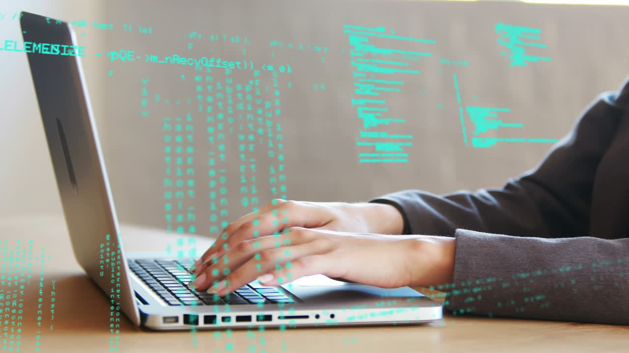 Animation of data processing over caucasian businesswoman using laptop