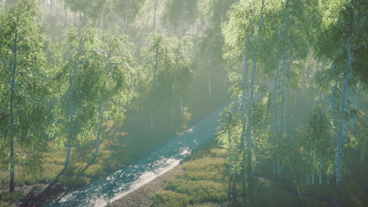 Misty morning light filters through lush trees along a serene forest path