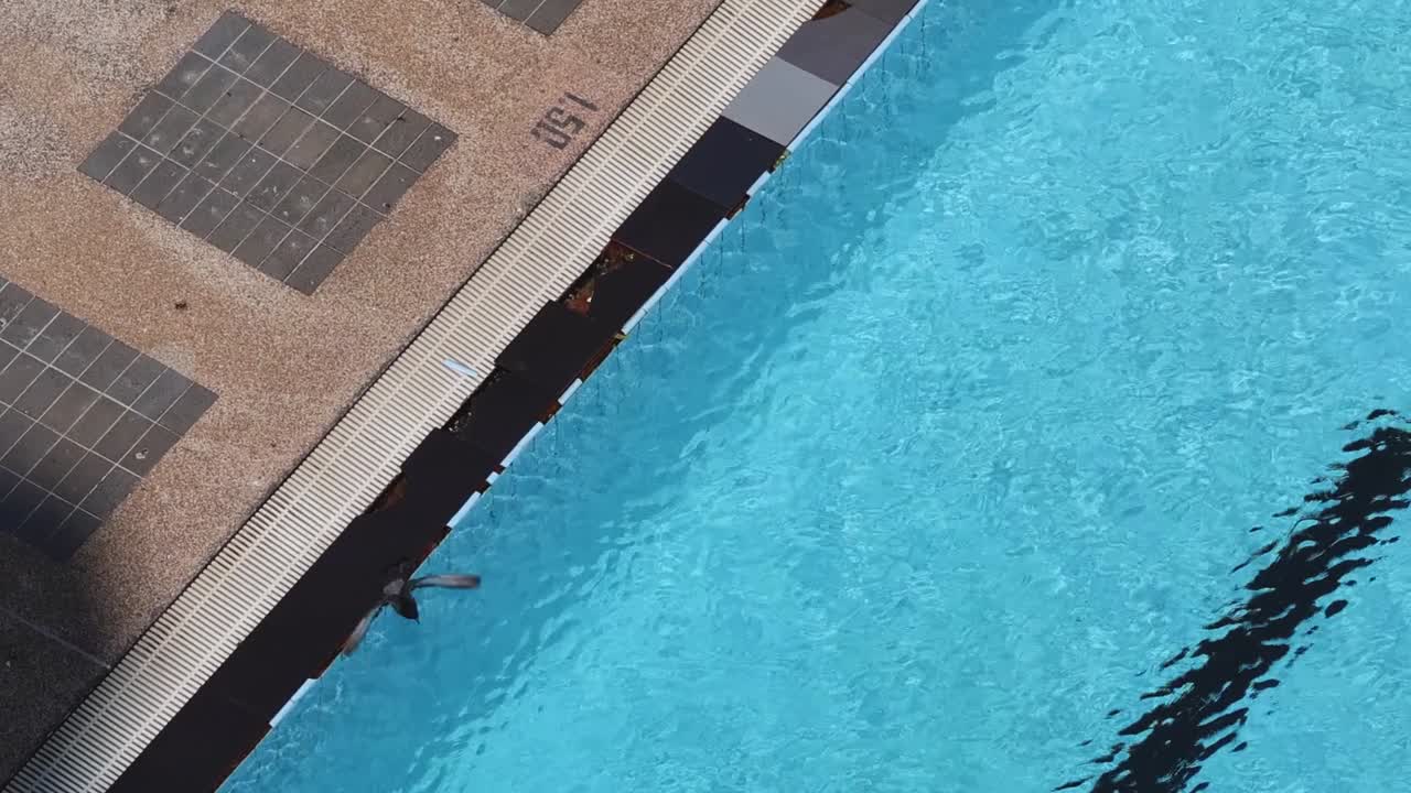 Luftfoto af skygger og krusninger på et solbeskinnet poolområde med klart blåt vand.