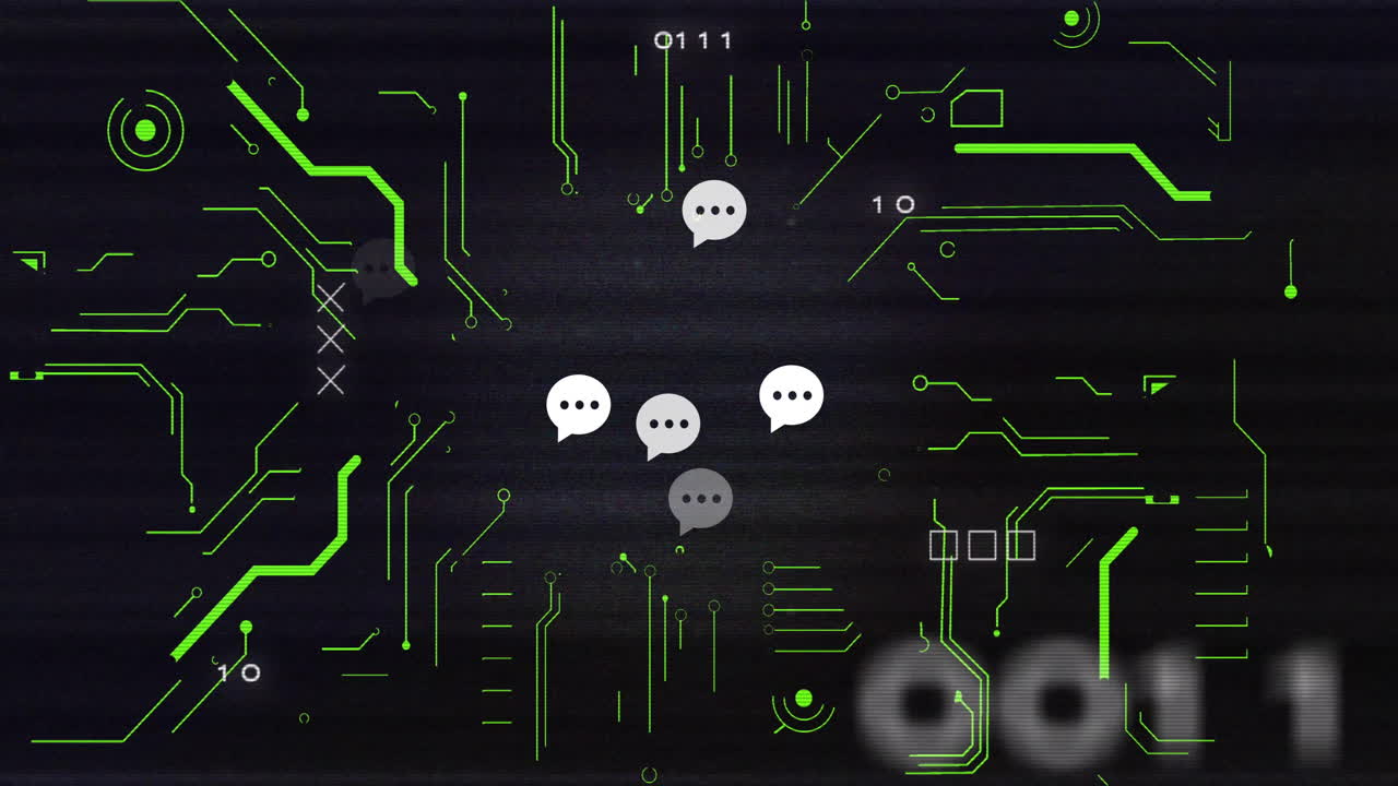 Animation of ai chat icons and data processing over black background