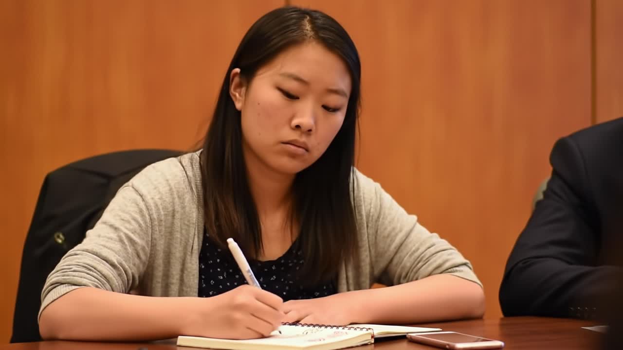 A young woman actively takes notes in a conference room during a discussion focused on improving education policies. The atmosphere is serious and engaging as ideas flow among participants.