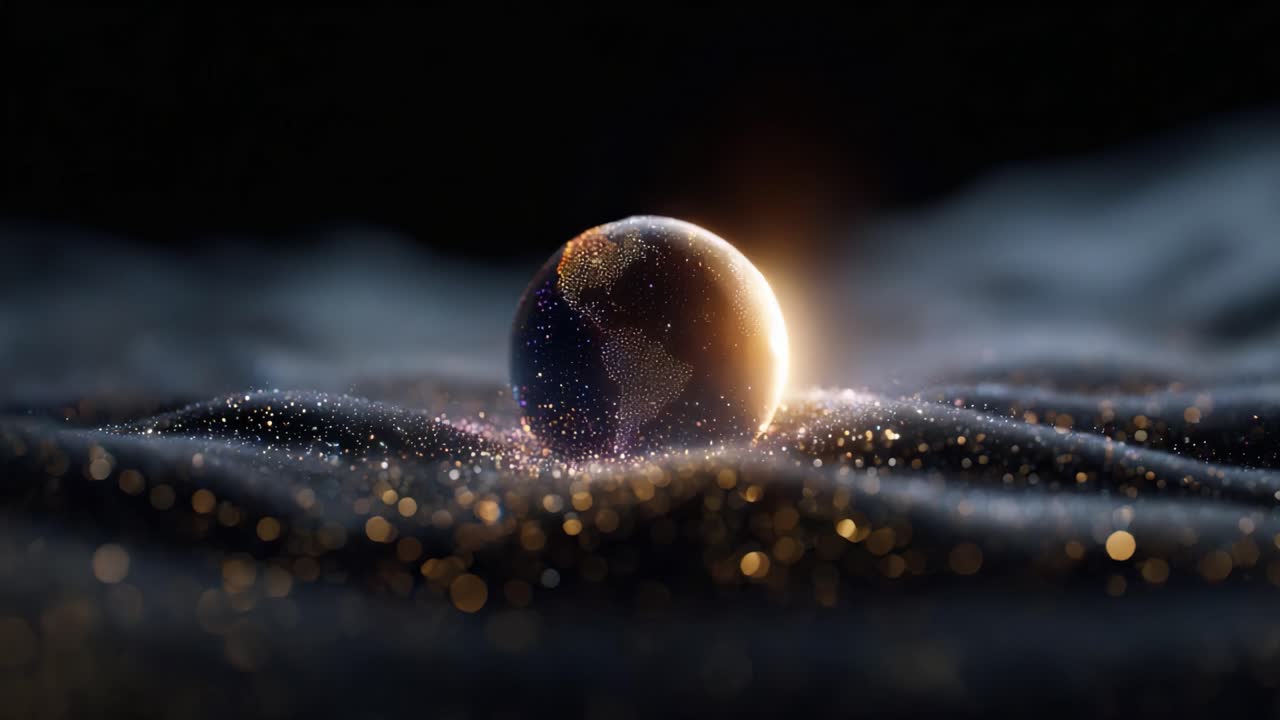 A mesmerizing view of a glowing globe on a bed of sparkling sand, illuminating the surrounding darkness with radiant colors and intricate details of a vibrant planet