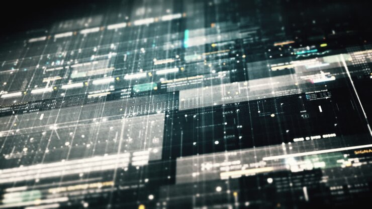 Advance data matrix, telemetry and encrypt numbers simulation user interface display in cyber space abstract de-focus environment background