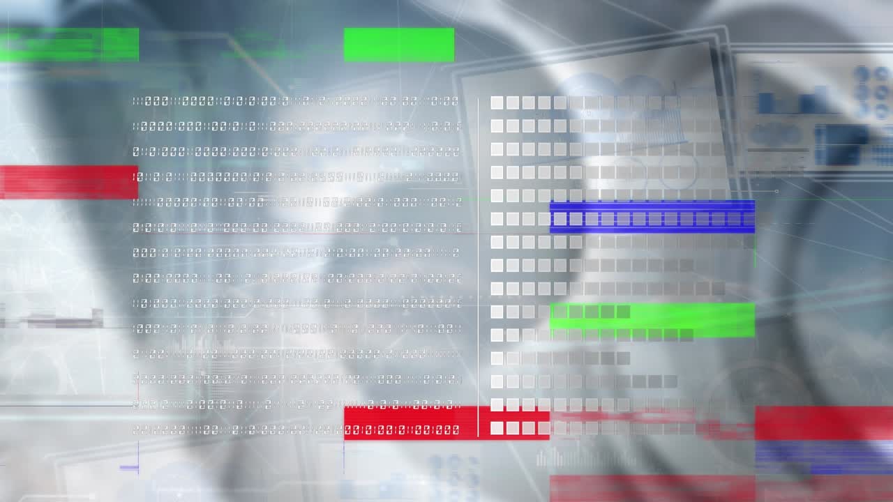 Digital animation viser forretningsgrafer og data på computerskærme mod en blå baggrund.