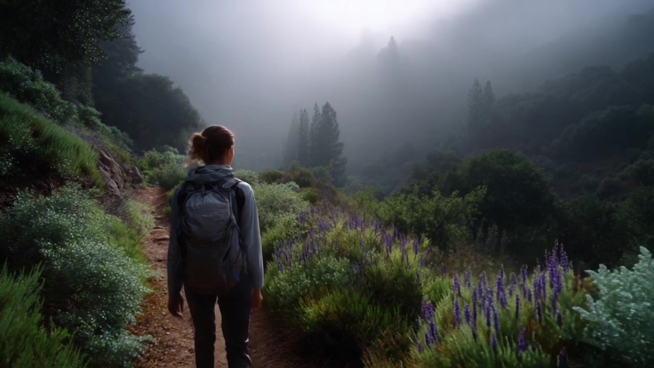 A Hiker Walks Through a Serene Misty Forest Trail Surrounded by Lush Greenery and Colorful Flowers, Bathed in the Soft Glow of Morning Light