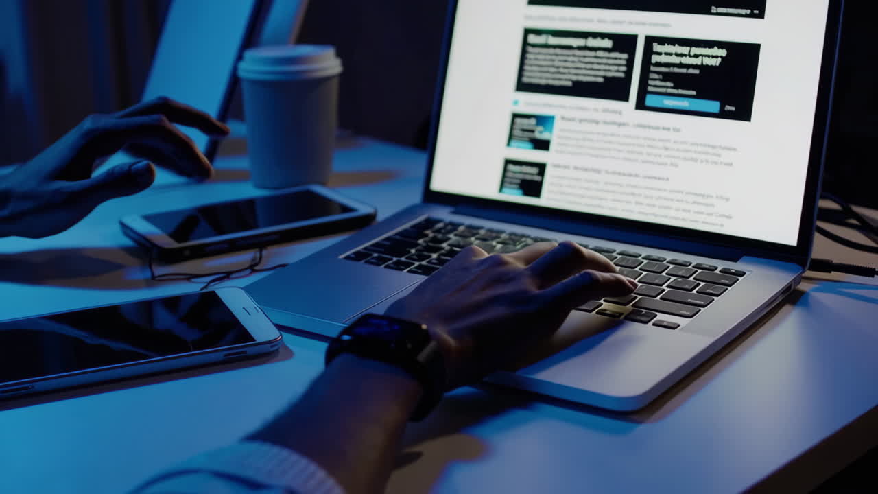 Person Working on Laptops and Digital Devices at Night