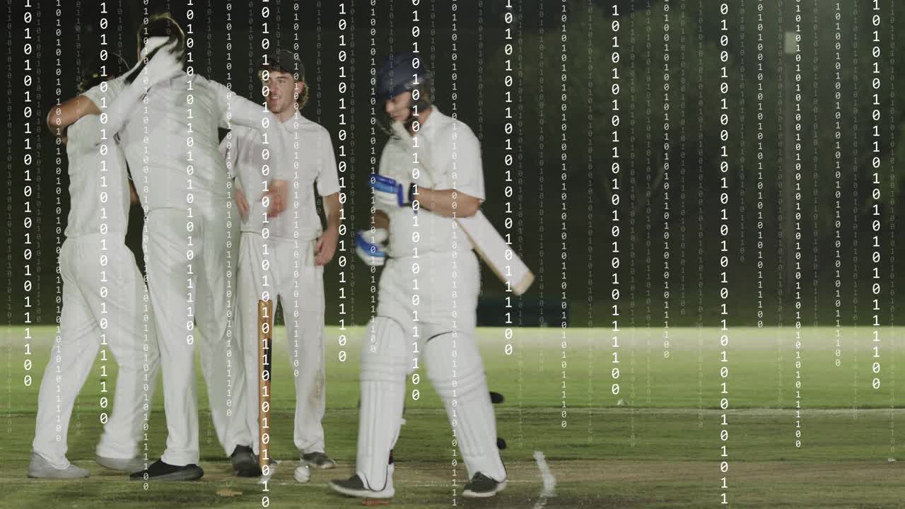Cricket bowler delivering keeper taking and breaking bails, fielders appealing, celebrating wicket