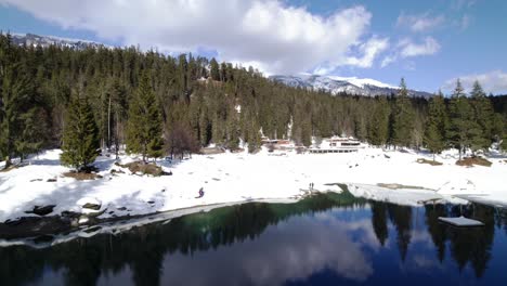 toma aérea sobre un lago en caumasee en suiza, paisaje helado con árboles y el reflejo del cielo en el agua del lago