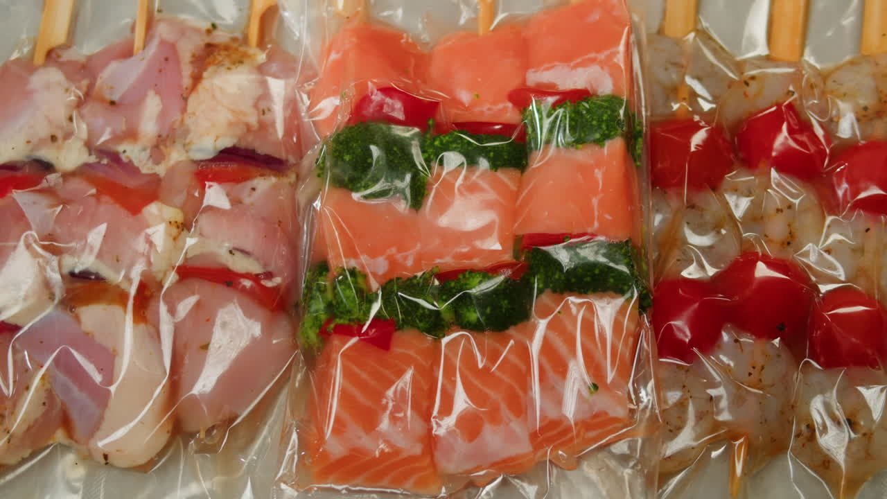 Preparing Vacuum-Sealed Skewers with Chicken, Salmon, Shrimp, and Vegetables