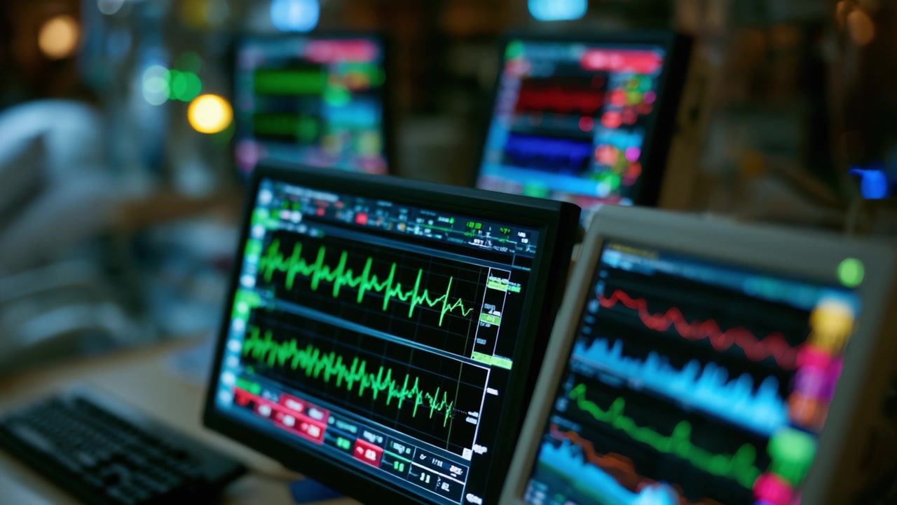 Monitoring Vital Signs: Advanced Medical Technology Showcasing Heart Rate Variability and Patient Data on High-Resolution Displays in a Healthcare Environment
