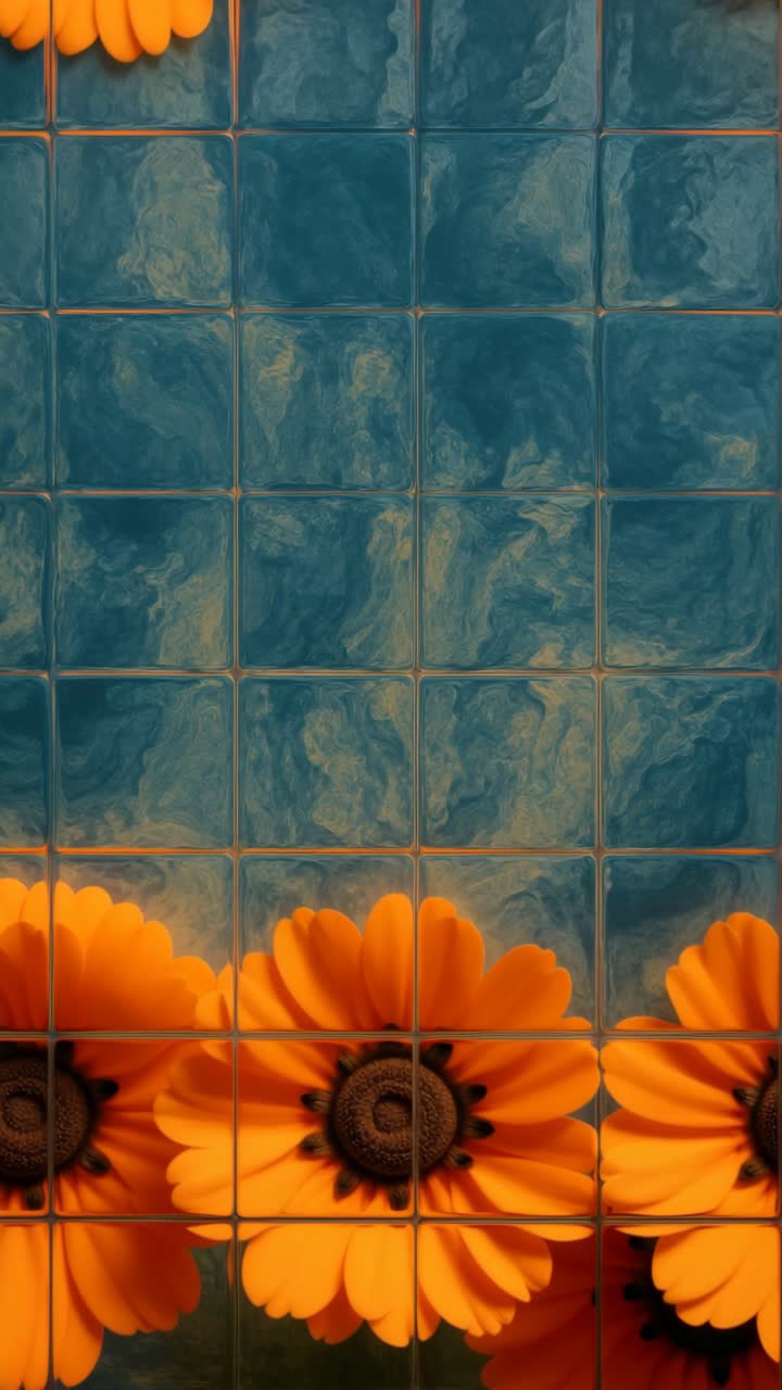 Aerial view of vibrant orange flowers against a textured blue background, creating a mosaic effect