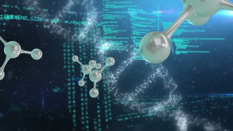 animación de micro 3d de moléculas, procesamiento de datos y cadenas de adn en fondo azul