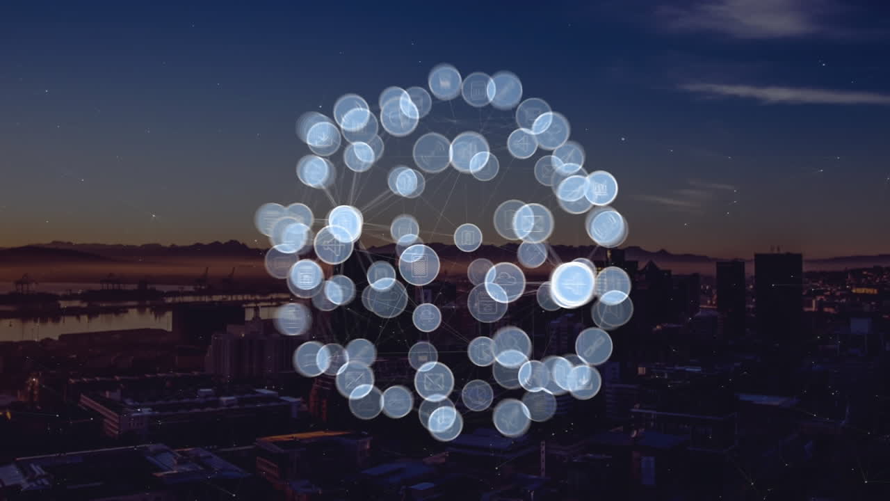 도시 풍경 위의 아이콘으로 연결된 네트워크의 애니메이션