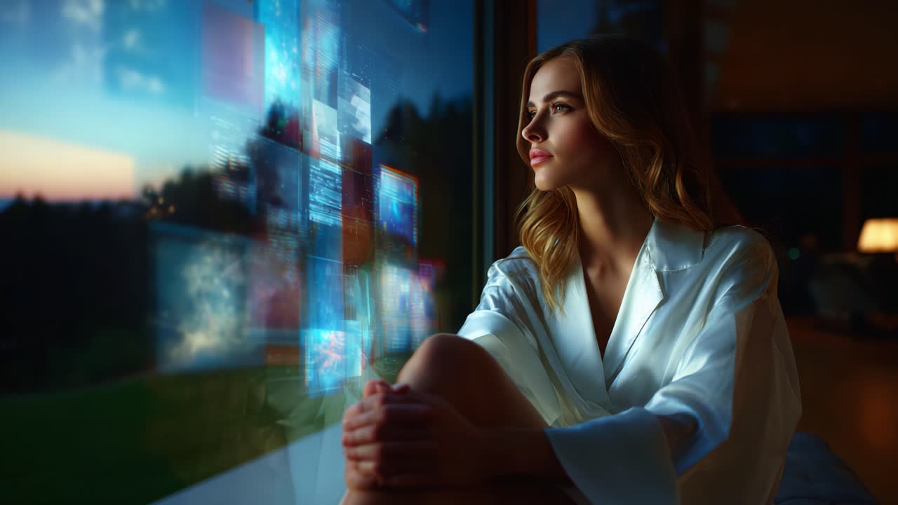 Un momento di riflessione catturato: una donna avvolta in un accappatoio bianco guarda fuori dalla finestra gli schermi digitali e un bellissimo tramonto, riflettendo sulla vita, la tecnologia e le possibilità future in un ambiente calmo