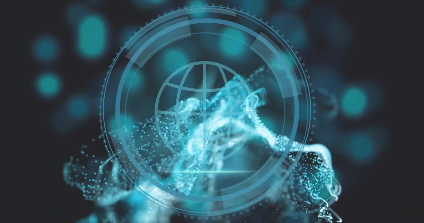 Title 'Cyber Security' fading cloud melding into HUD while scan line sweeping globe forming badge