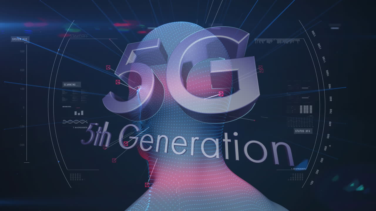 texto de 5g sobre un modelo de rostro humano giratorio contra el escáner de alcance sobre fondo azul