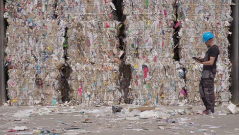 worker with tablet counts paper bales at recycling plant, wide slomo