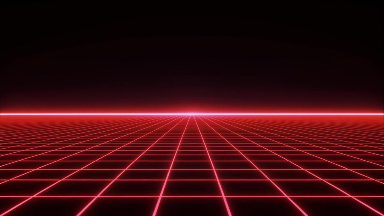 Retro synthwave-stil rødt glødende gitter, der bevæger sig fremad