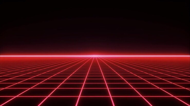 Retro synthwave-stil rødt glødende gitter, der bevæger sig fremad