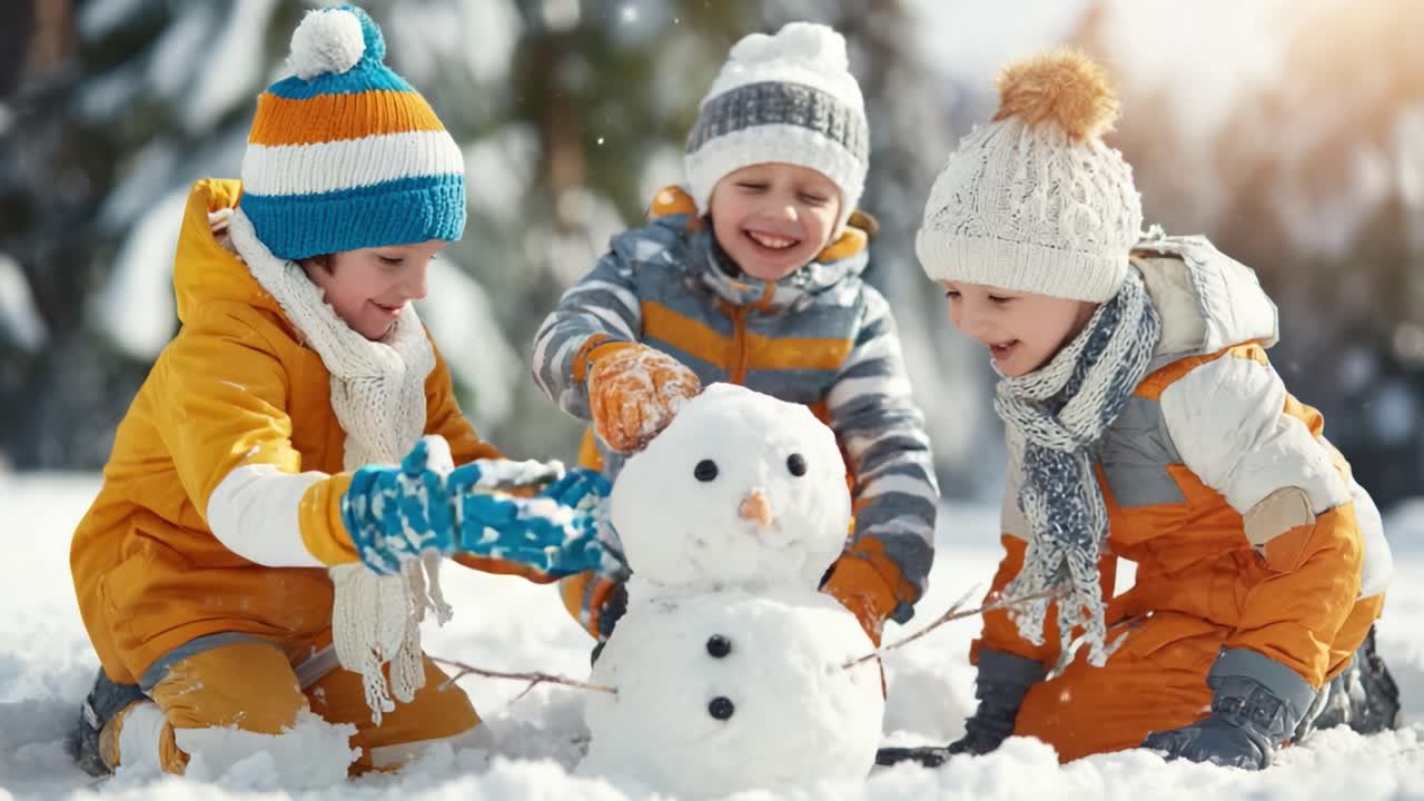 Joyful Kids Building a Snowman in a Winter Wonderland: Capturing the Delight and Excitement of Snowy Playtime Activities