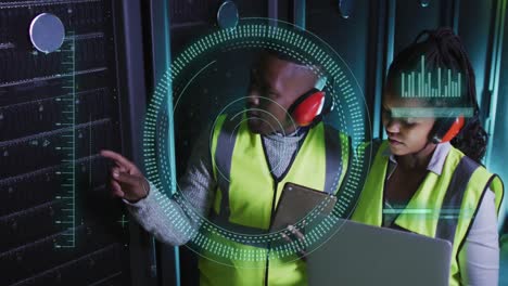 animation of data processing and scope scanning over african american workers in server room