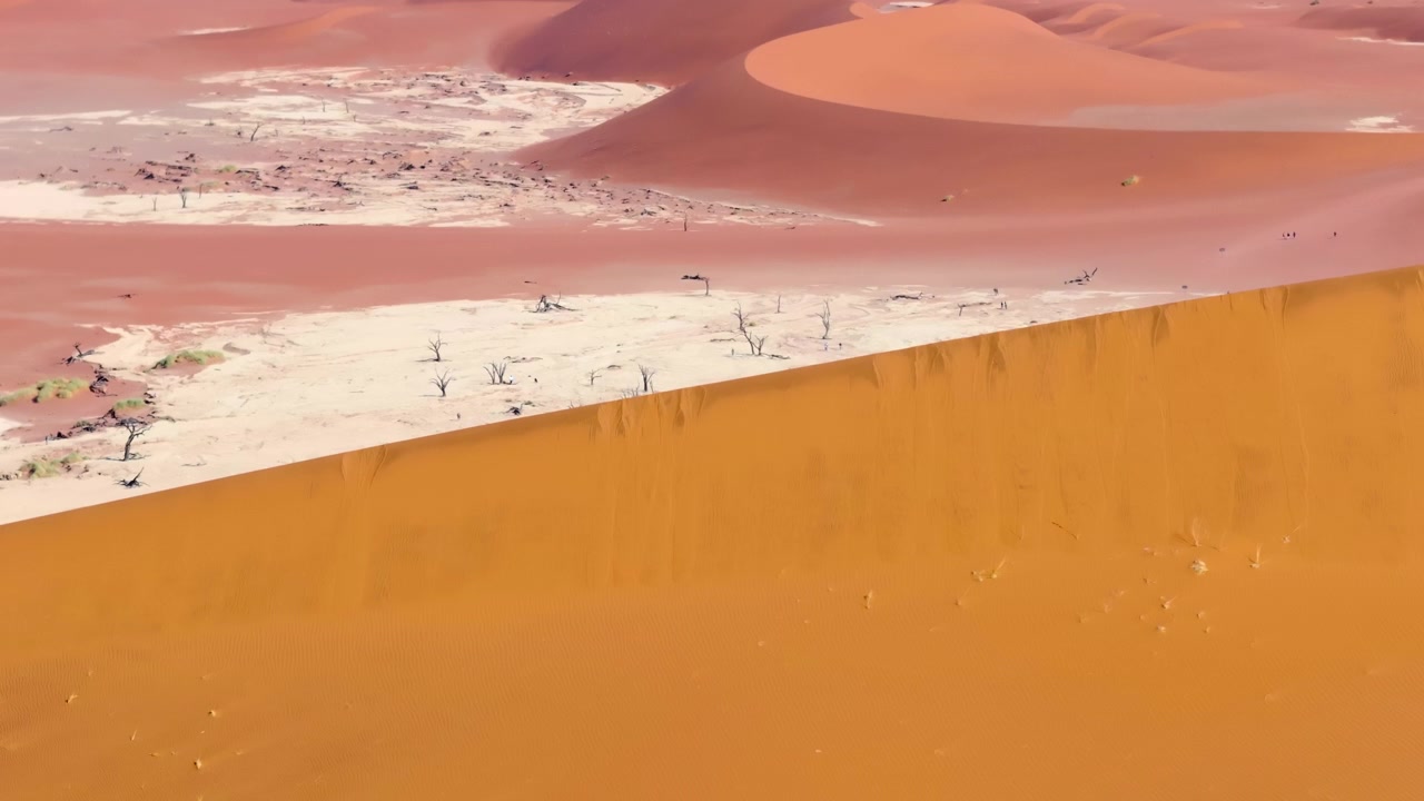 Plano aéreo aproximado baixo do chão de argila branca de Deadvlei, espalhado com árvores mortas esqueléticas. As imponentes dunas vermelhas brilham contra as bacias de argila pálida e rachada desta antiga paisagem desértica selvagem