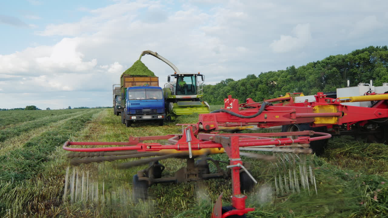농업 수확기는 더미에 잔디를 수집