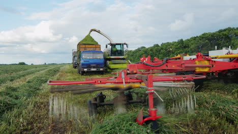 cosechadora agrícola recoge hierba en un montón